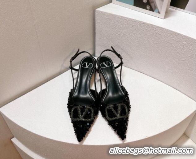 Shop Duplicate Valentino Crystal VLogo Slingback Pumps 4cm in Shiny Sequins Black 330078