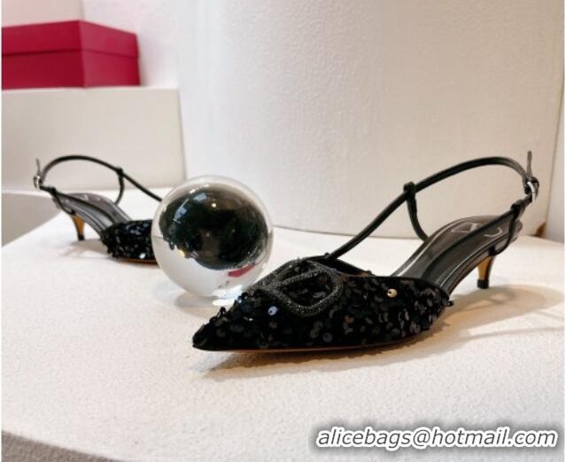 Shop Duplicate Valentino Crystal VLogo Slingback Pumps 4cm in Shiny Sequins Black 330078