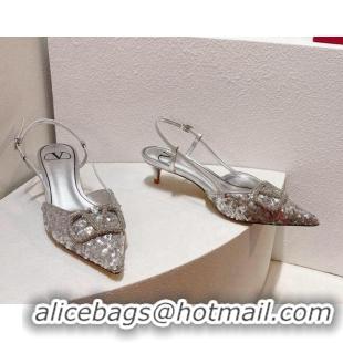 Best Product Valentino Crystal VLogo Slingback Pumps 4cm in Shiny Sequins Silver 330079