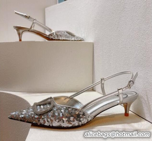 Best Product Valentino Crystal VLogo Slingback Pumps 4cm in Shiny Sequins Silver 330079