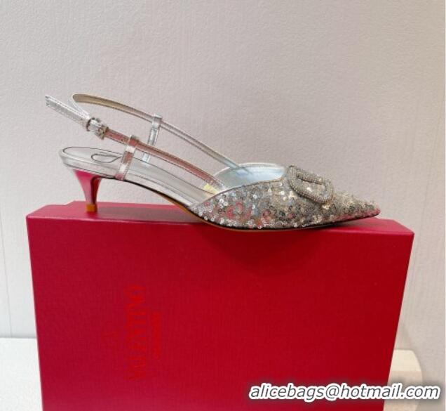 Best Product Valentino Crystal VLogo Slingback Pumps 4cm in Shiny Sequins Silver 330079