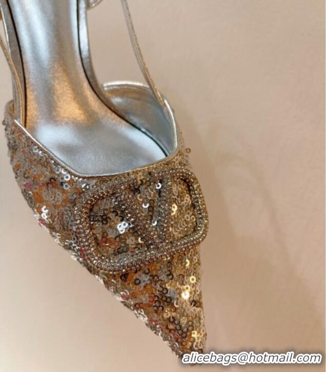 Best Product Valentino Crystal VLogo Slingback Pumps 4cm in Shiny Sequins Silver 330079