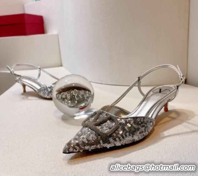 Best Product Valentino Crystal VLogo Slingback Pumps 4cm in Shiny Sequins Silver 330079