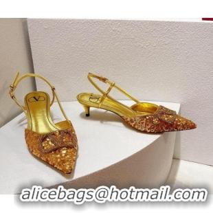 Popular Style Valentino Crystal VLogo Slingback Pumps 4cm in Shiny Sequins Gold 330080