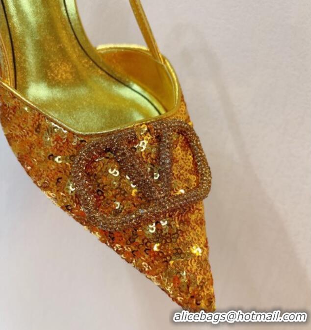 Popular Style Valentino Crystal VLogo Slingback Pumps 4cm in Shiny Sequins Gold 330080