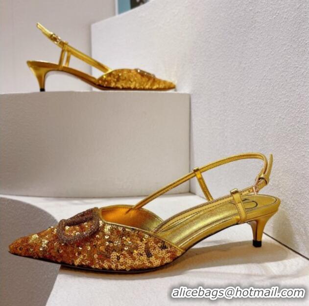 Popular Style Valentino Crystal VLogo Slingback Pumps 4cm in Shiny Sequins Gold 330080