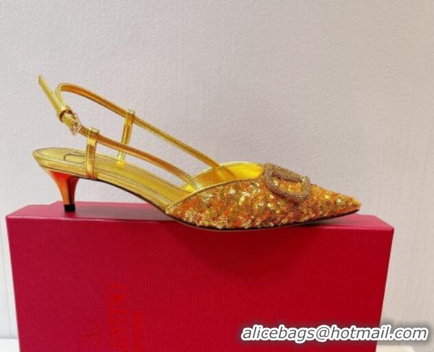 Popular Style Valentino Crystal VLogo Slingback Pumps 4cm in Shiny Sequins Gold 330080