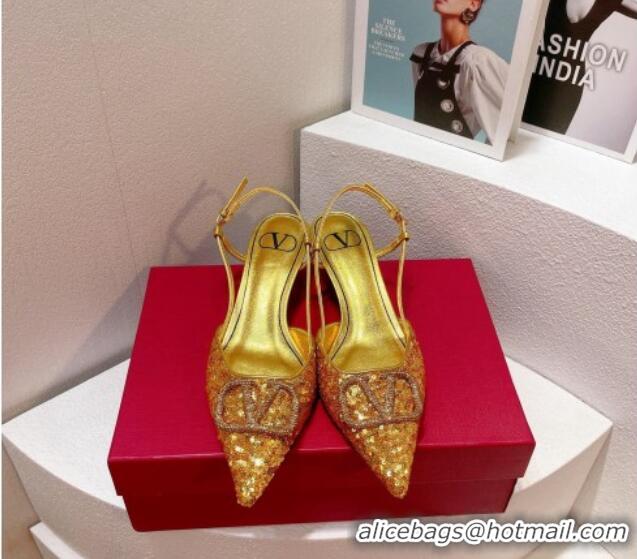 Popular Style Valentino Crystal VLogo Slingback Pumps 4cm in Shiny Sequins Gold 330080