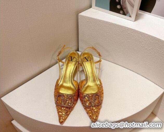 Popular Style Valentino Crystal VLogo Slingback Pumps 4cm in Shiny Sequins Gold 330080