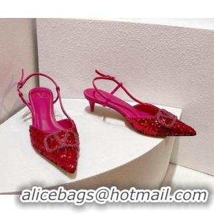 Good Looking Valentino Crystal VLogo Slingback Pumps 4cm in Shiny Sequins Dark Pink 330081