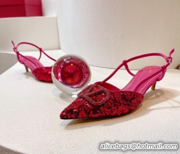 Good Looking Valentino Crystal VLogo Slingback Pumps 4cm in Shiny Sequins Dark Pink 330081