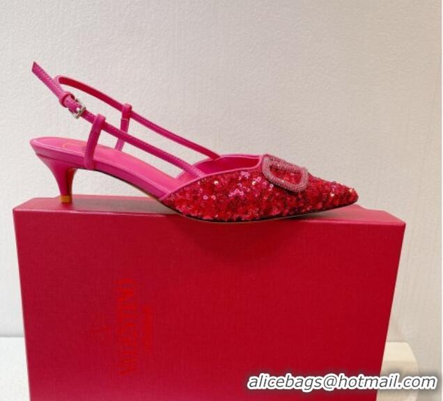 Good Looking Valentino Crystal VLogo Slingback Pumps 4cm in Shiny Sequins Dark Pink 330081