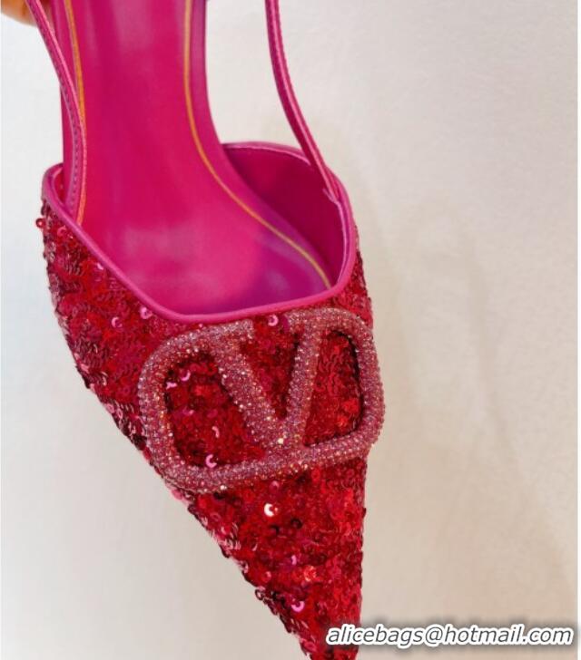 Good Looking Valentino Crystal VLogo Slingback Pumps 4cm in Shiny Sequins Dark Pink 330081