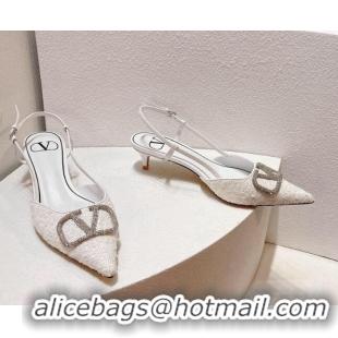 Grade Quality Valentino Crystal VLogo Slingback Pumps 4cm in Shiny Sequins White 330082