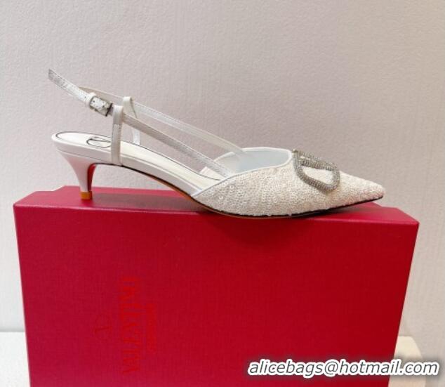 Grade Quality Valentino Crystal VLogo Slingback Pumps 4cm in Shiny Sequins White 330082