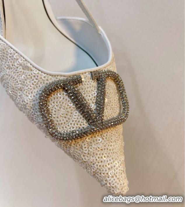 Grade Quality Valentino Crystal VLogo Slingback Pumps 4cm in Shiny Sequins White 330082