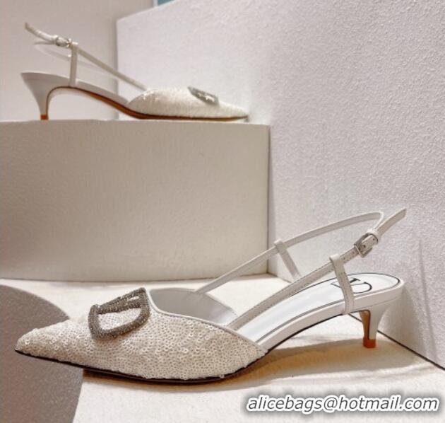 Grade Quality Valentino Crystal VLogo Slingback Pumps 4cm in Shiny Sequins White 330082