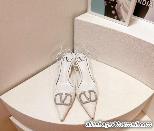 Grade Quality Valentino Crystal VLogo Slingback Pumps 4cm in Shiny Sequins White 330082