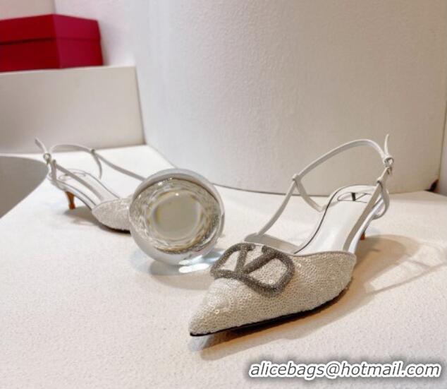 Grade Quality Valentino Crystal VLogo Slingback Pumps 4cm in Shiny Sequins White 330082