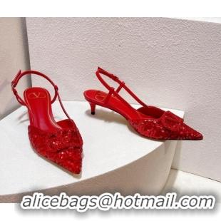 Stylish Valentino Crystal VLogo Slingback Pumps 4cm in Shiny Sequins Red 330083