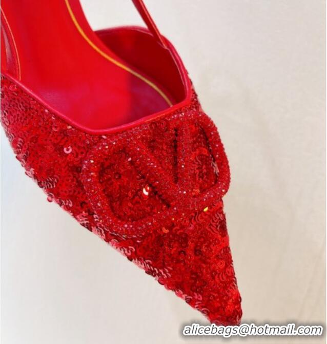 Stylish Valentino Crystal VLogo Slingback Pumps 4cm in Shiny Sequins Red 330083