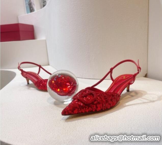 Stylish Valentino Crystal VLogo Slingback Pumps 4cm in Shiny Sequins Red 330083