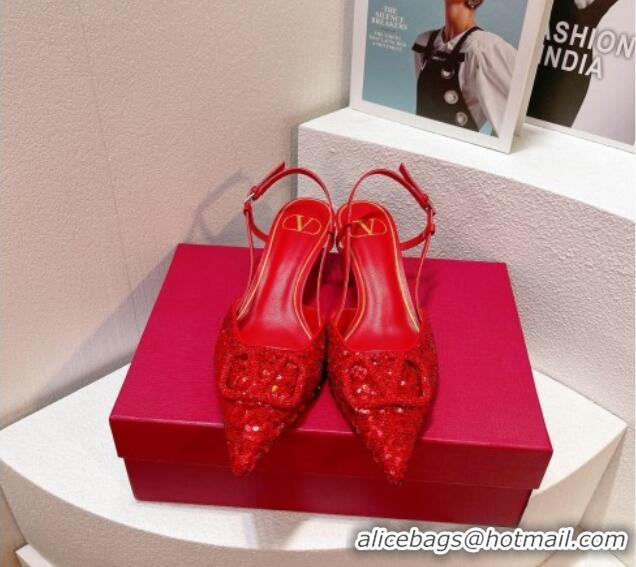 Stylish Valentino Crystal VLogo Slingback Pumps 4cm in Shiny Sequins Red 330083