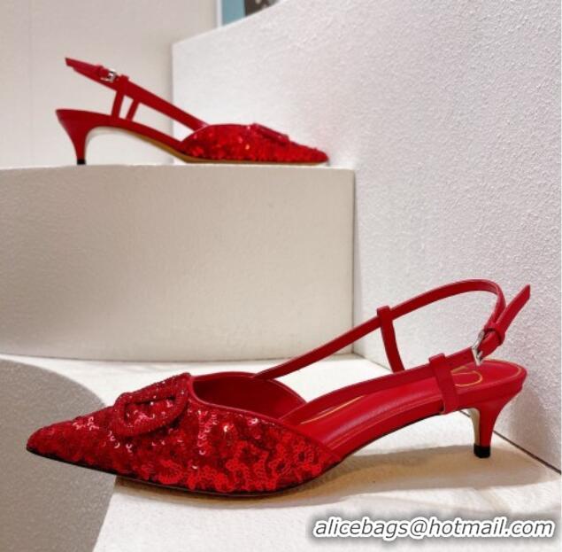 Stylish Valentino Crystal VLogo Slingback Pumps 4cm in Shiny Sequins Red 330083