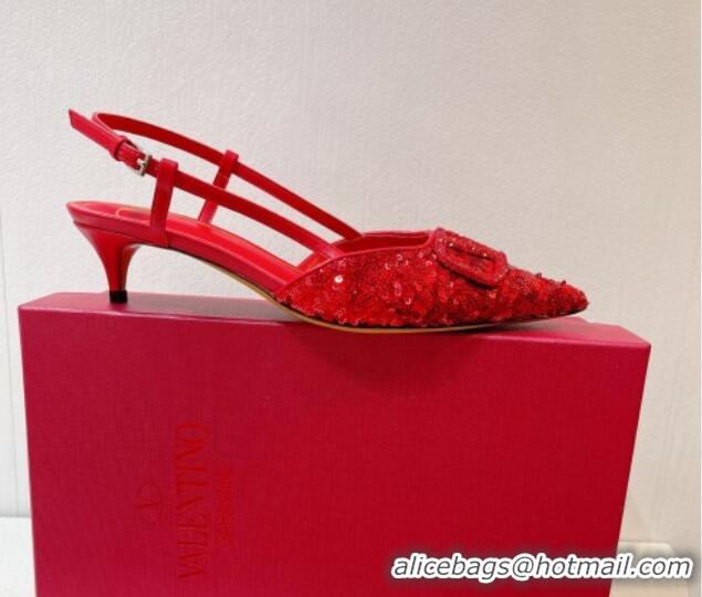 Stylish Valentino Crystal VLogo Slingback Pumps 4cm in Shiny Sequins Red 330083