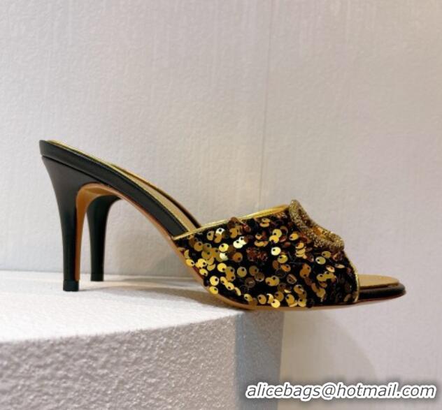 Sophisticated Valentino Crystal VLogo Slide Sandals 8cm in Shiny Sequins Black/Gold 330084