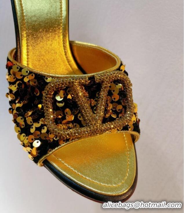 Sophisticated Valentino Crystal VLogo Slide Sandals 8cm in Shiny Sequins Black/Gold 330084