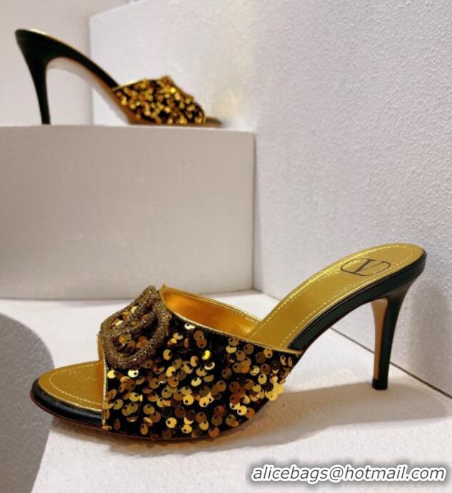 Sophisticated Valentino Crystal VLogo Slide Sandals 8cm in Shiny Sequins Black/Gold 330084