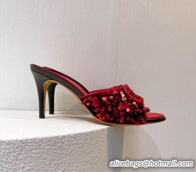 Top Design Valentino Crystal VLogo Slide Sandals 8cm in Shiny Sequins Red/Black 330085