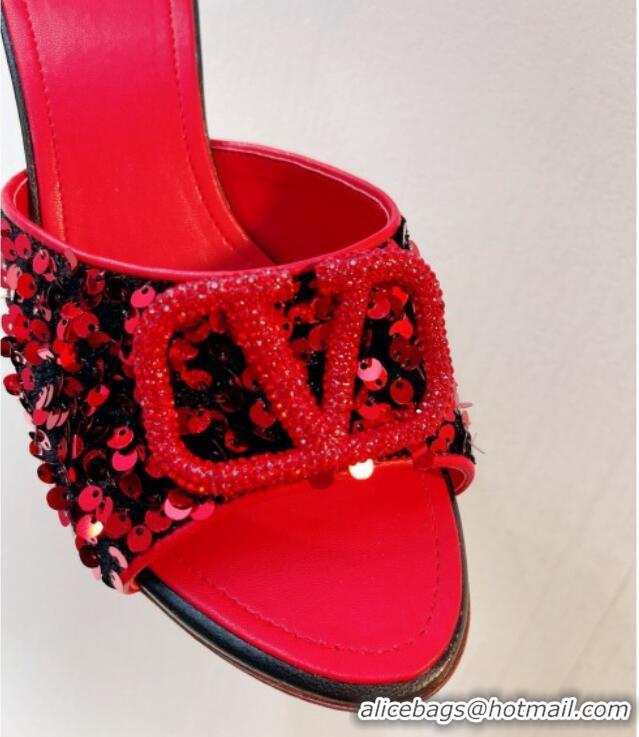 Top Design Valentino Crystal VLogo Slide Sandals 8cm in Shiny Sequins Red/Black 330085