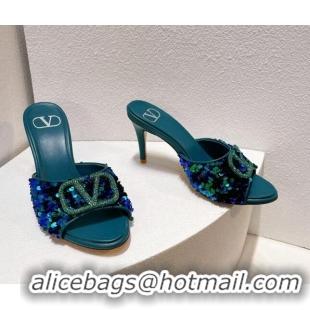 Duplicate Valentino Crystal VLogo Slide Sandals 8cm in Shiny Sequins Blue/Green 330086