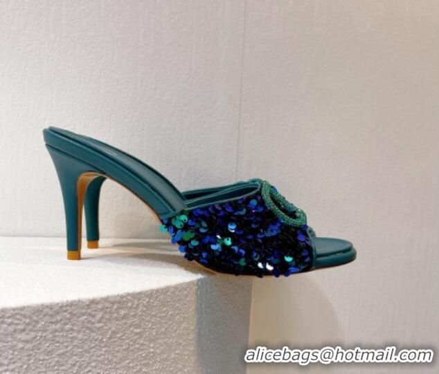 Duplicate Valentino Crystal VLogo Slide Sandals 8cm in Shiny Sequins Blue/Green 330086