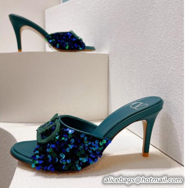 Duplicate Valentino Crystal VLogo Slide Sandals 8cm in Shiny Sequins Blue/Green 330086