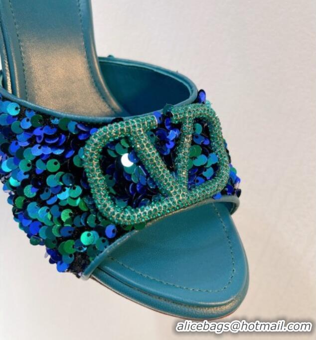 Duplicate Valentino Crystal VLogo Slide Sandals 8cm in Shiny Sequins Blue/Green 330086