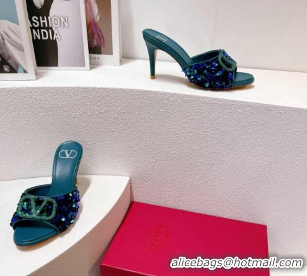 Duplicate Valentino Crystal VLogo Slide Sandals 8cm in Shiny Sequins Blue/Green 330086