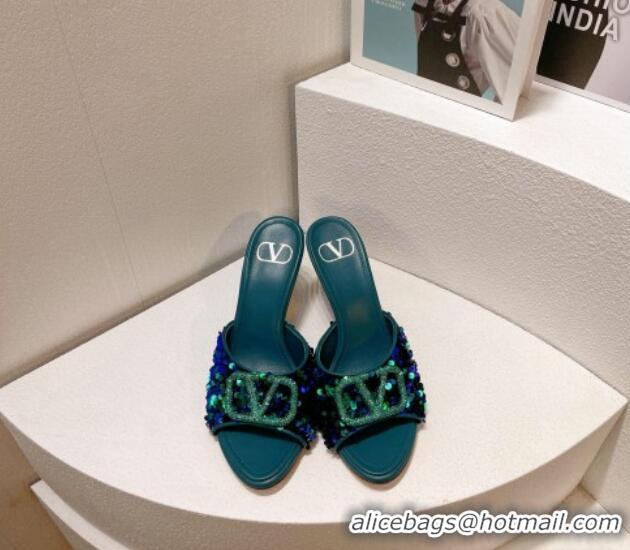 Duplicate Valentino Crystal VLogo Slide Sandals 8cm in Shiny Sequins Blue/Green 330086