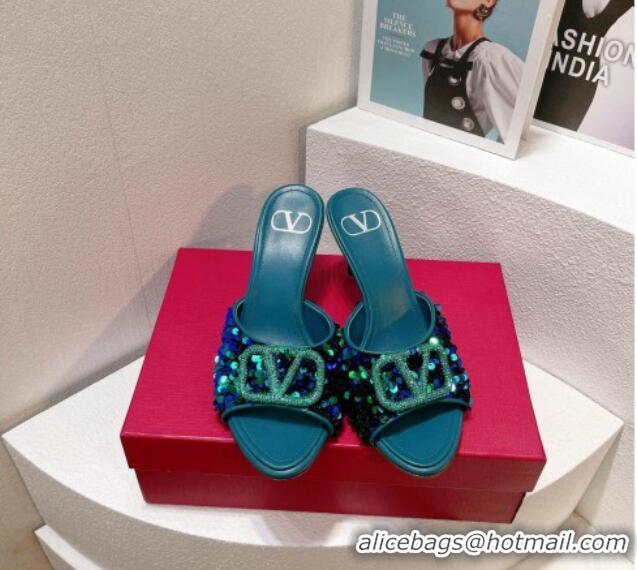 Duplicate Valentino Crystal VLogo Slide Sandals 8cm in Shiny Sequins Blue/Green 330086