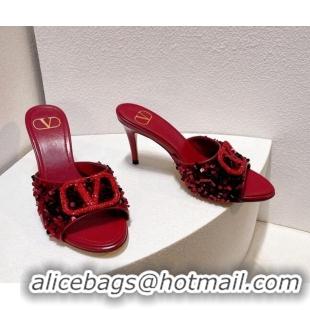 Good Product Valentino Crystal VLogo Slide Sandals 8cm in Shiny Sequins Dark Red 330087