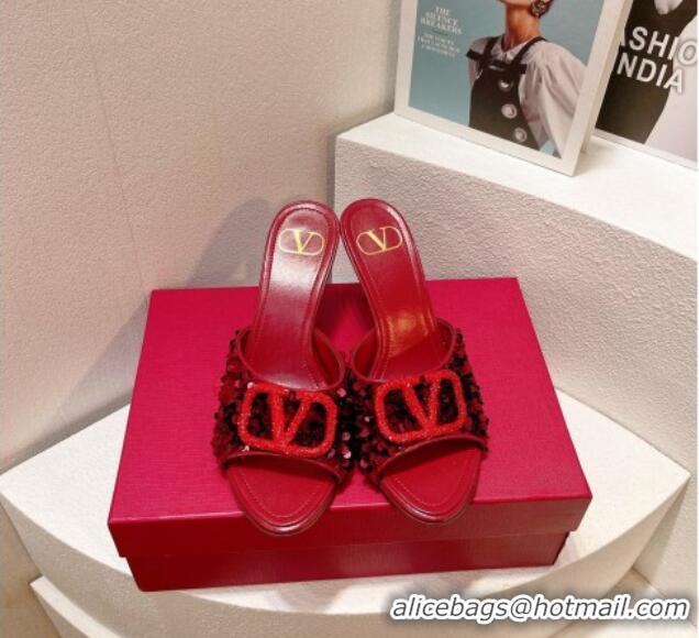 Good Product Valentino Crystal VLogo Slide Sandals 8cm in Shiny Sequins Dark Red 330087