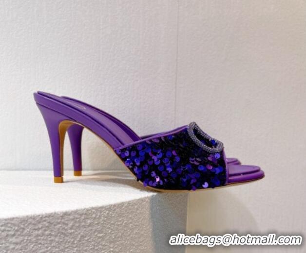 Sophisticated Valentino Crystal VLogo Slide Sandals 8cm in Shiny Sequins Purple 330088