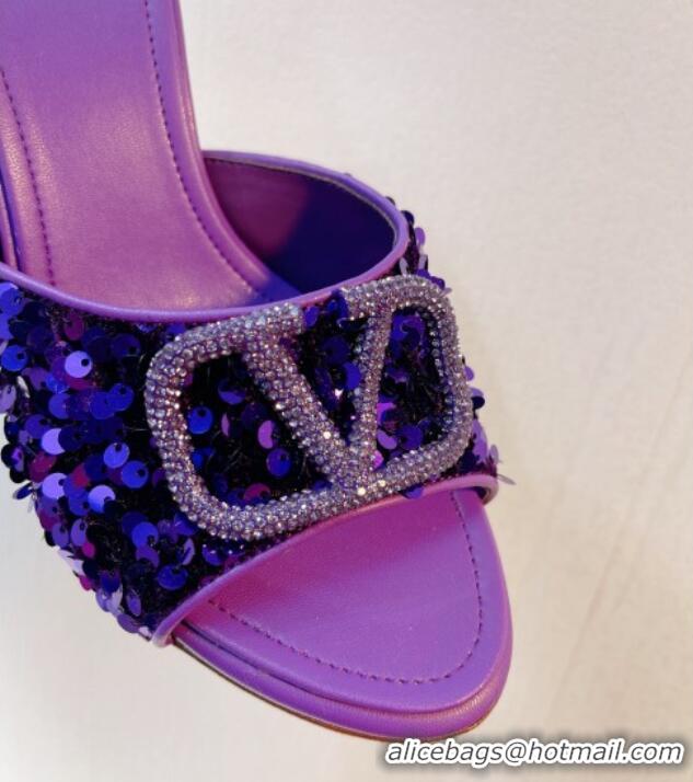 Sophisticated Valentino Crystal VLogo Slide Sandals 8cm in Shiny Sequins Purple 330088