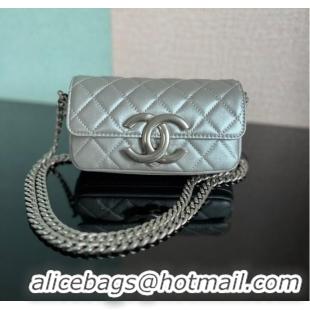 Famous Brand Chanel MINI FLAP BAG Lambskin & silver-Tone Metal AS3207 silver