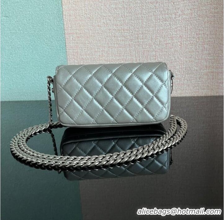 Famous Brand Chanel MINI FLAP BAG Lambskin & silver-Tone Metal AS3207 silver