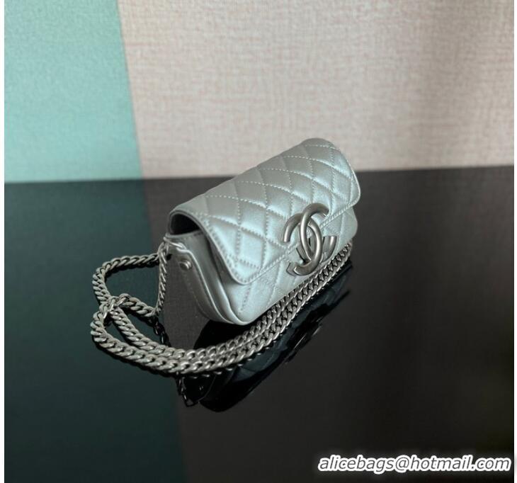 Famous Brand Chanel MINI FLAP BAG Lambskin & silver-Tone Metal AS3207 silver