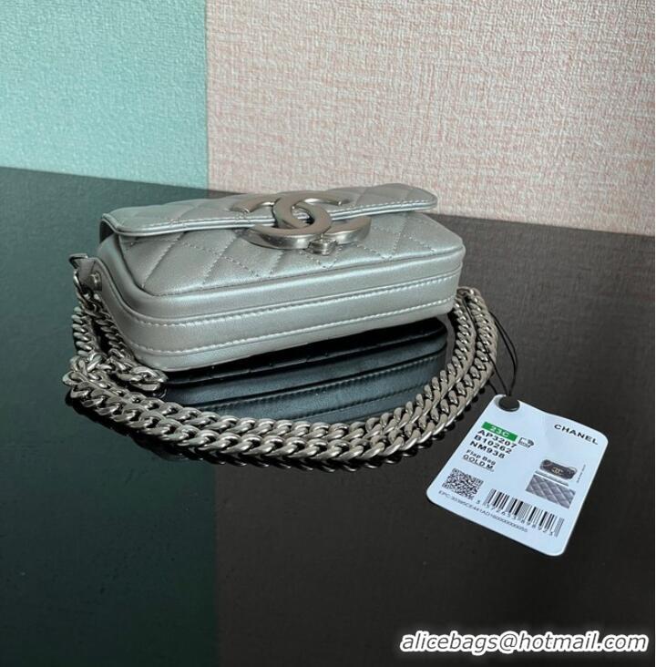 Famous Brand Chanel MINI FLAP BAG Lambskin & silver-Tone Metal AS3207 silver