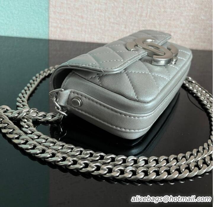 Famous Brand Chanel MINI FLAP BAG Lambskin & silver-Tone Metal AS3207 silver